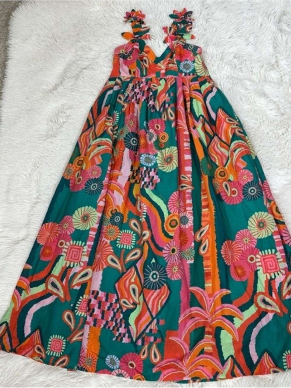 Farm Rio x Anthropologie Womens Small Multi Pleated Palm Midi Dress Resort Wear - Picture 5 of 13